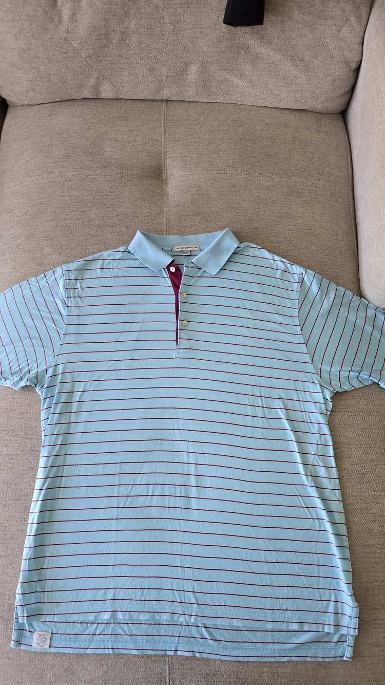 Peter Millar Mens Striped Polo Shirt Light Blue Burgundy Stripe Size L Cotton